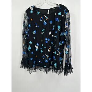 Du Jour Top Womens Size M Embroidered Mesh Sleeve Whimsigoth Floral‎ Black